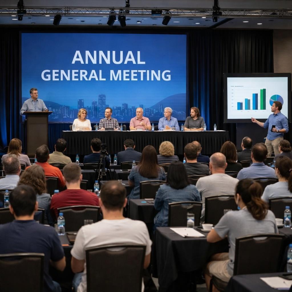 Panel of executives seated at a long table with large screen displaying 'Annual General Meeting' and audience facing them